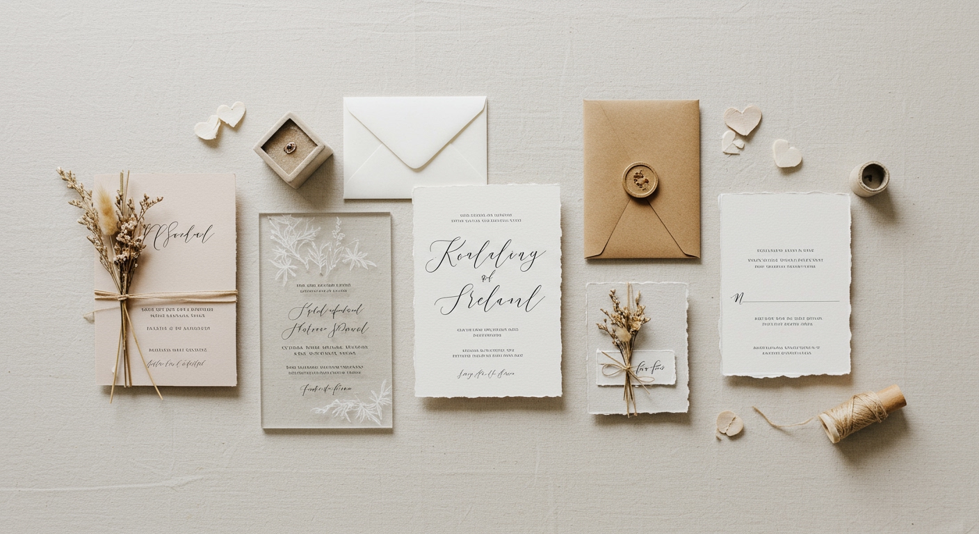 Birbirinden farklı ve şık düğün davetiyesi modellerinin bir arada sergilendiği bir kompozisyon.