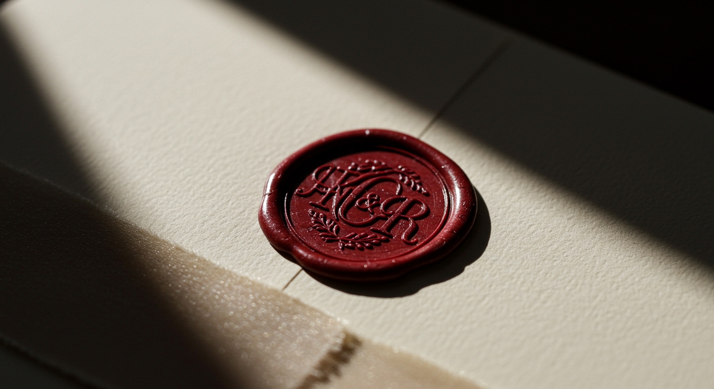 Çiftin baş harflerinden oluşan özel monogramlı bir mühür mumu detayı.