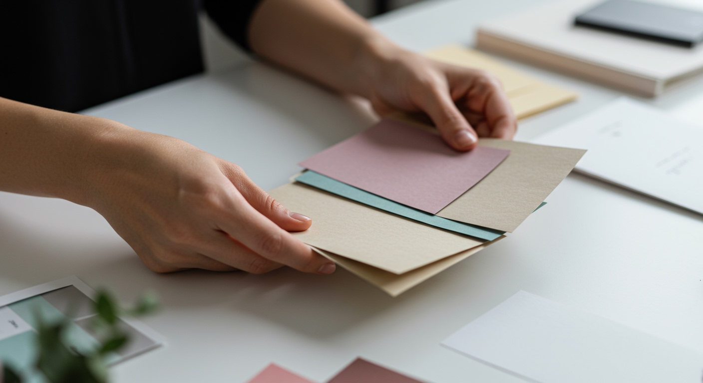 Farklı doku ve renklerdeki kağıtlar arasından davetiye seçimi yapan bir kişi.