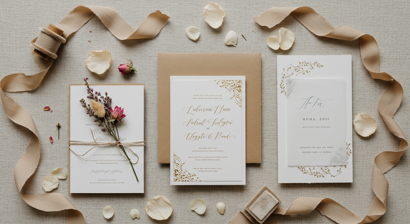 Düğün temasına uygun davetiye seçimi için farklı stillerde davetiyelerin yer aldığı estetik bir kompozisyon.