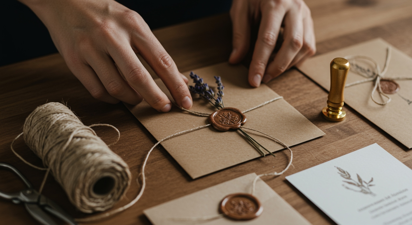 Rustik düğün davetiyesi hazırlama süreci ve malzemeleri.