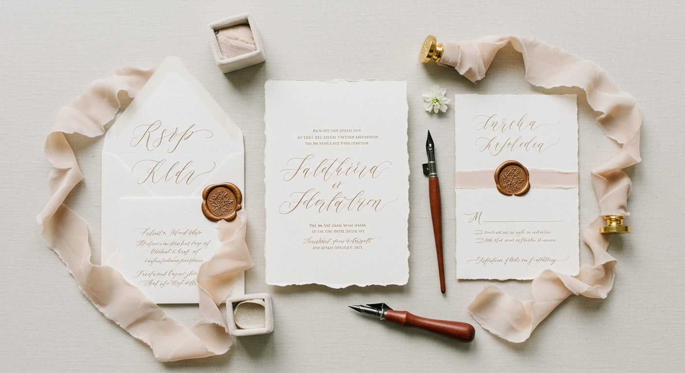 Zarif bir kaligrafi davetiye seti detayı.